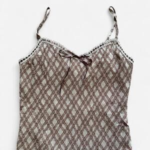 Brown Grid Print Lace Trim Slip Midi Dress